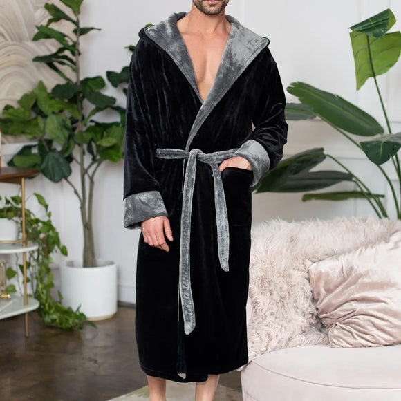 Men's Soft Plush Robe - Hooded Men Fleece Spa Bathrobe