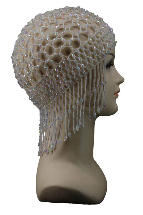 Meshed Beaded Cap - Stretchy - White