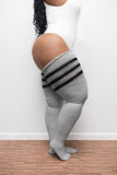 Plus Size Thigh High Socks - Grey & Black Stripes