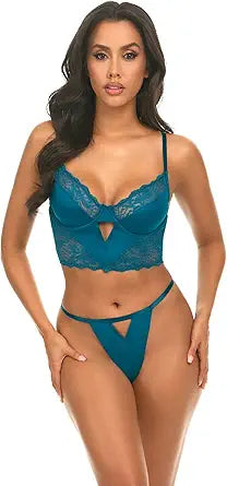 Liv Unlined Underwire Lace 2 Pc Set with Stretch Satin Moroccan Blue