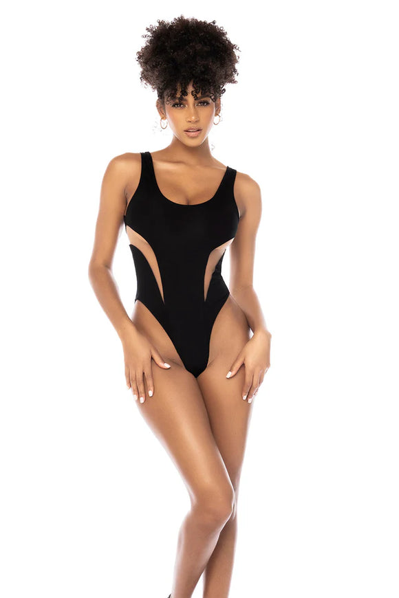 Black One Piece Swimsuit with Nude Mesh Cutout