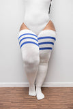 Plus Size Thigh High Sock - White & Blue Stripes