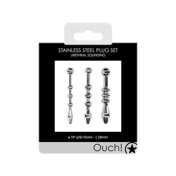 Urethral Sounding 3-Piece Stainless Steel Beaded Plug Set 6 mm / 8 mm / 10 mm