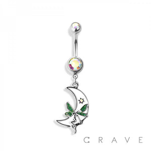 BELLY RING DANGLE SILVER WHITE MOON FAIRY