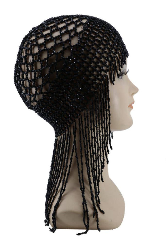 Meshed Beaded Cap - Stretchy - Black