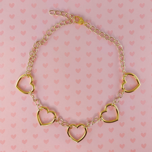 Gold 5 large hearts chain choker