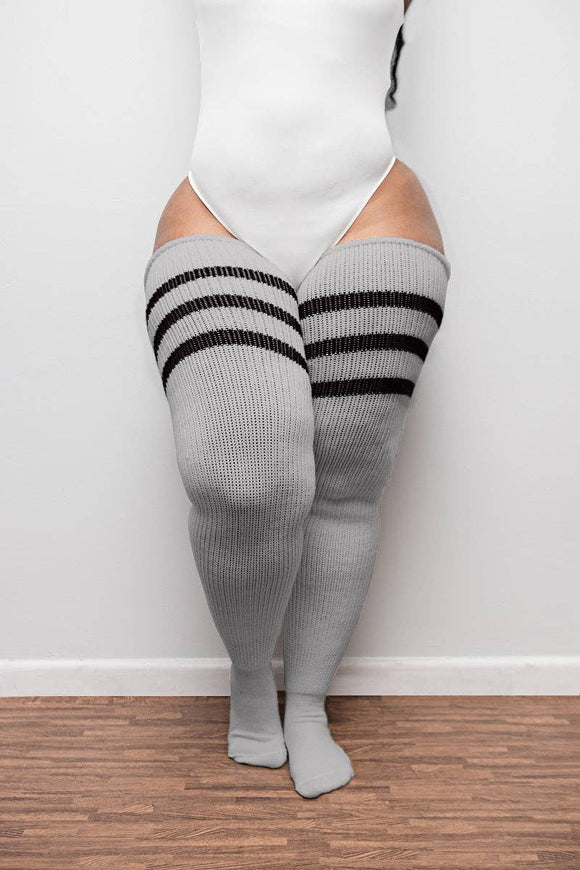 Plus Size Thigh High Socks - Grey & Black Stripes