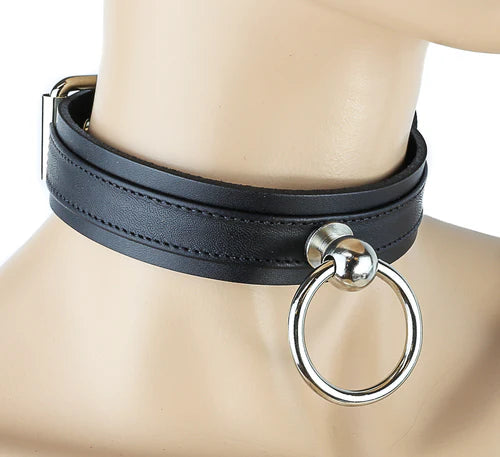 Black Leather Choker Collar with Large Ring Holder