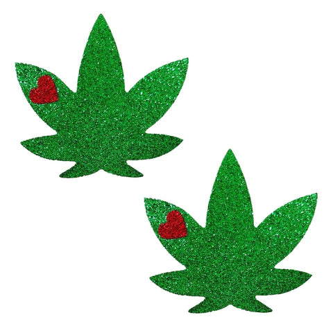 Green Glitter Weed Leaf Nipple Cover Pasties