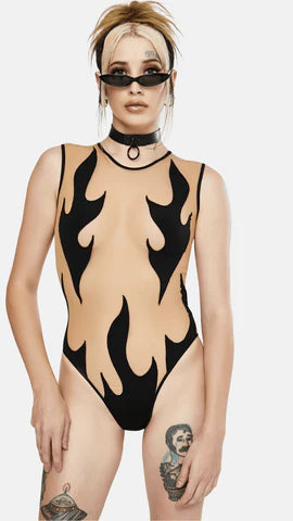 Black Flame Nude Mesh One Piece Body Suit