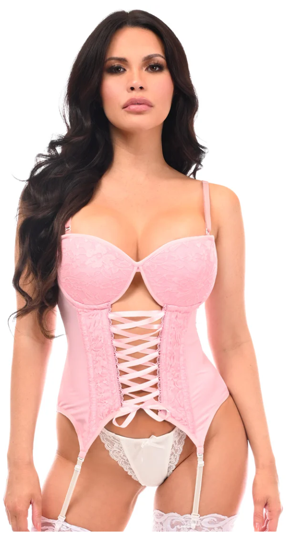 Pink Lace Lace-Up Bustier Corset w/ Garters