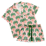 Short Sleeve Top + Square Short PJ Set with Velvet Tie - Pink + Palm Beach