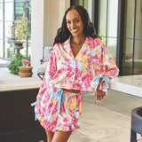 Long Sleeve Cropped Ruffled Top + Ruffled Short PJ Set with Velvet Ties - Blue + Rose Floral