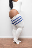 Plus Size Thigh High Sock - White & Blue Stripes