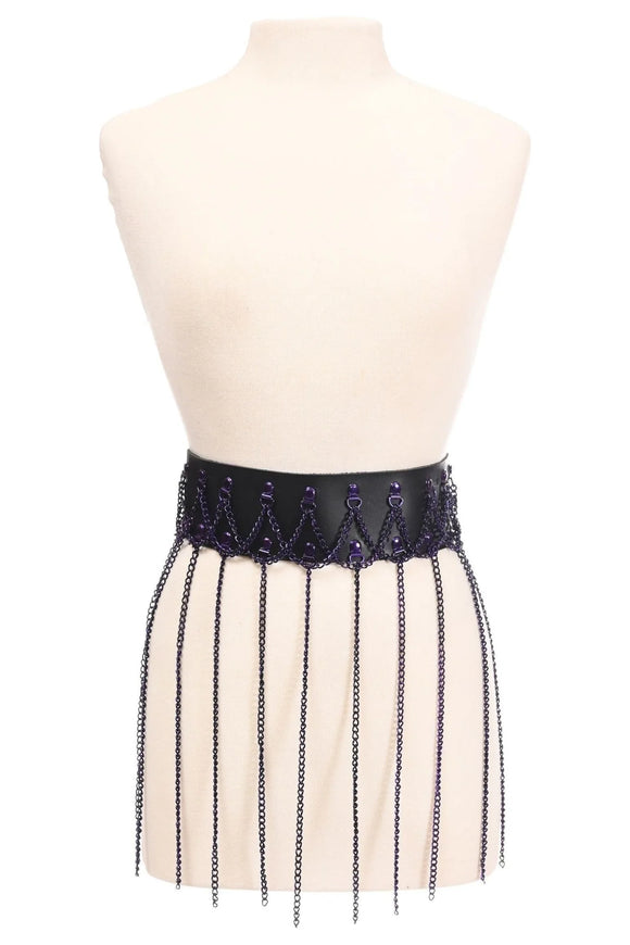 Black Faux Leather & Purple Chain Fringe Skirt