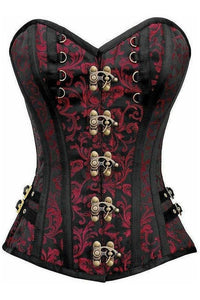 Top Drawer Black/Red Swirl Brocade Steel Boned Overbust Corset w/Buckles