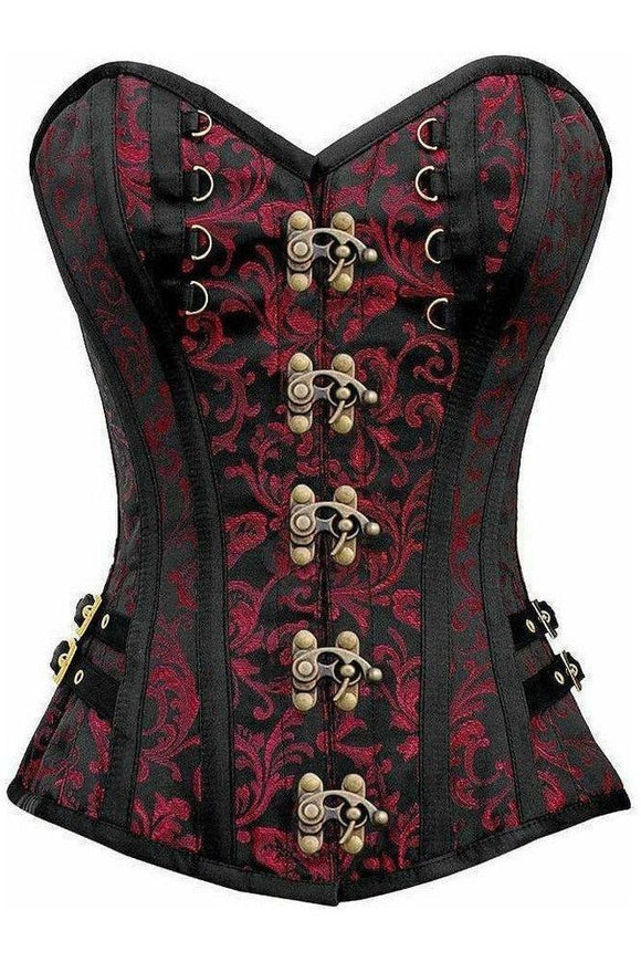 Top Drawer Black/Red Swirl Brocade Steel Boned Overbust Corset w/Buckles