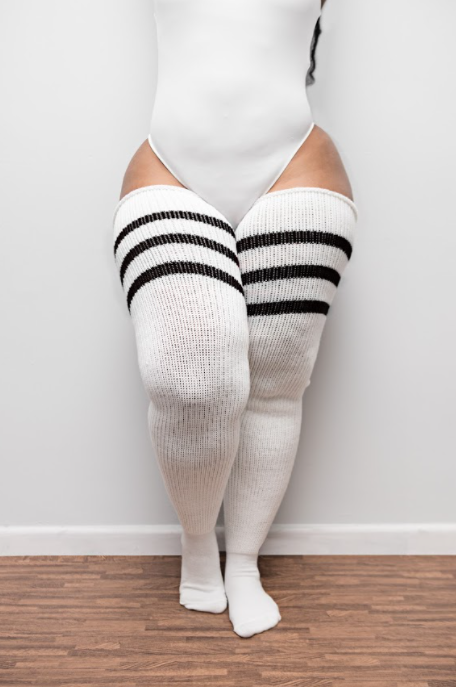 Plus Size Thigh High Sock - White & Black Stripes