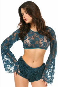Dark Teal Sheer Lace Bell Sleeve Peasant Top - Daisy Corsets