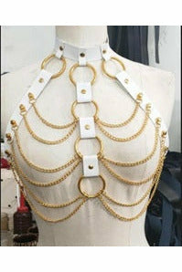 White & Gold Faux Leather Body Harness