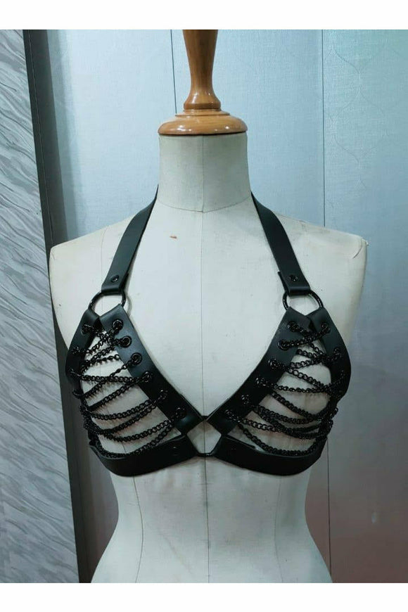 Candy Collection - Black Chain Lace-Up Bra Top Harness