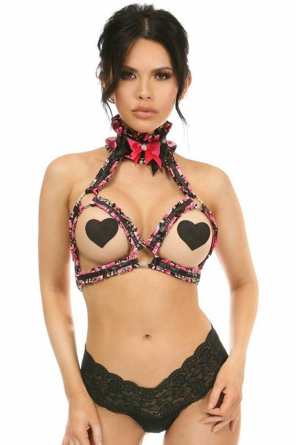 Kitten Collection Pink Floral Satin Triangle Top Body Harness - Daisy Corsets