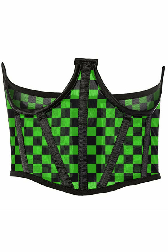 Lavish Neon Green/Black Checker Print Mesh Open Cup Waist Cincher