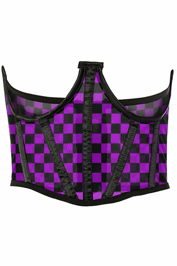 Lavish Neon Purple/Black Checker Print Mesh Open Cup Waist Cincher