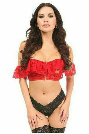 Lavish Red Sheer Lace Off-The-Shoulder Underwire Short Bustier - Daisy Corsets