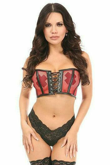 Lavish Red Fishnet & Faux Leather Lace-Up Short Bustier Top - Daisy Corsets