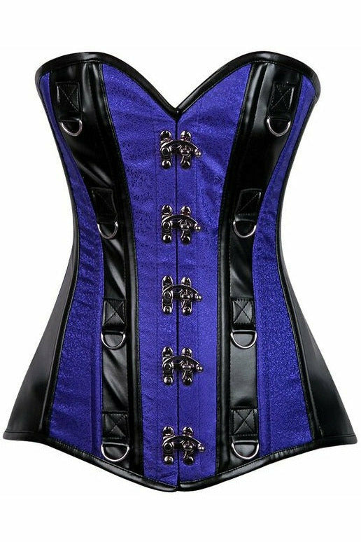 Top Drawer Royal Blue Brocade & Faux Leather Steel Boned Corset