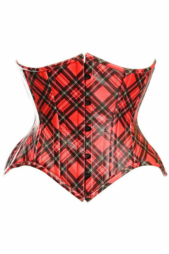 Top Drawer Red Plaid Faux Leather Double Steel Boned Curvy Cut Waist Cincher Corset
