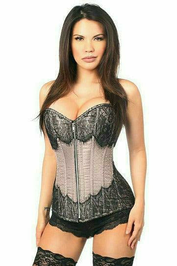 Top Drawer Gunmetal Brocade Steel Boned Corset w/Black Eyelash Lace - Daisy Corsets